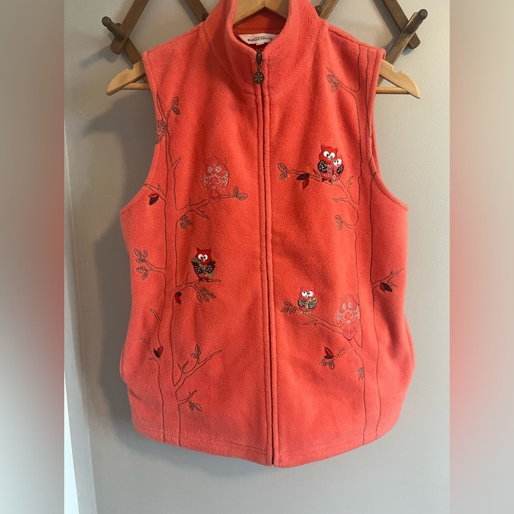 Northern reflections fleece vest wembellishments with owls coral fall theme S